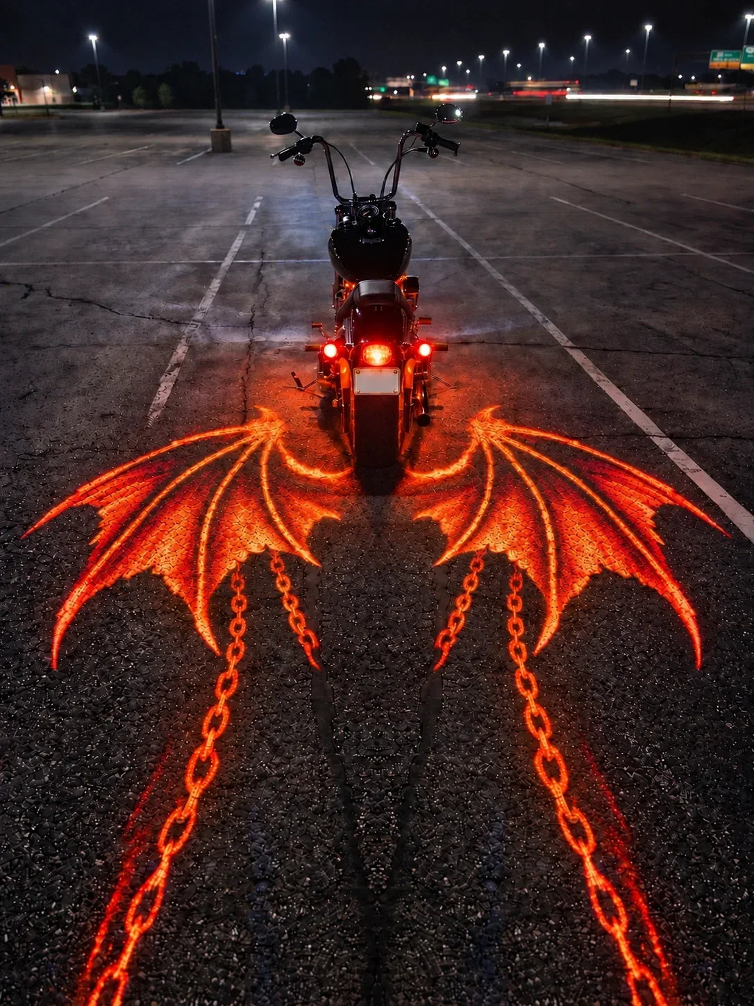 Black cruiser motorcycle with glowing demon wings and chains projected on the asphalt at night