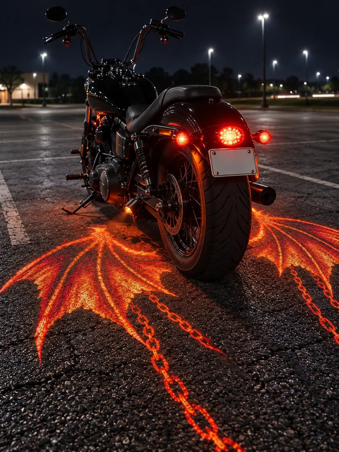 Black cruiser motorcycle with glowing demon wings and chains projected on the asphalt at night